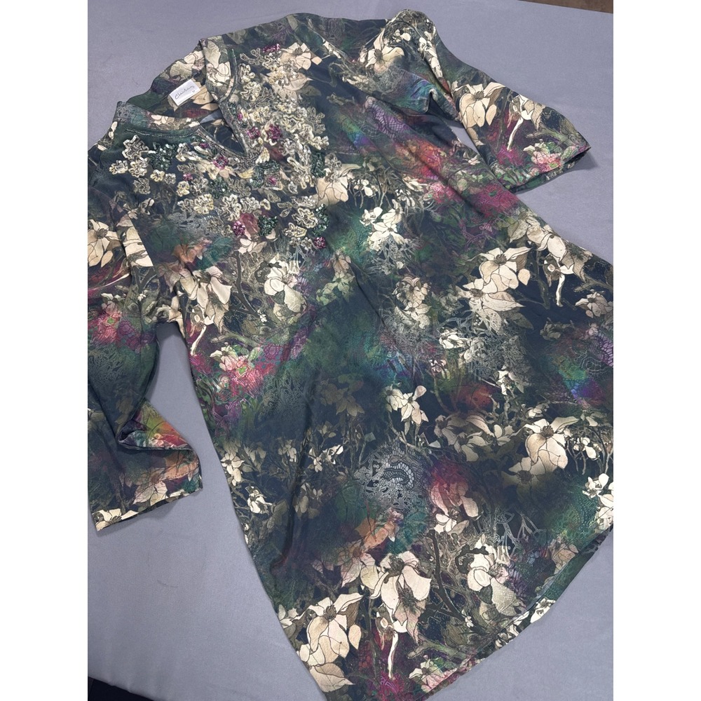 Christina Silk Floral Embroidered Beaded Tunic Top Green Purple Lace Print Size